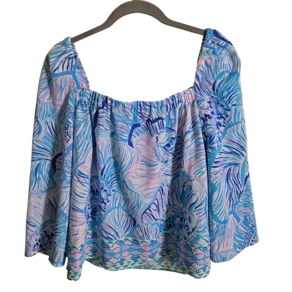 Lilly Pulitzer Lizzie Top Bermuda Blue Fishful Thinking Blue Lilac Size S - Picture 2 of 9